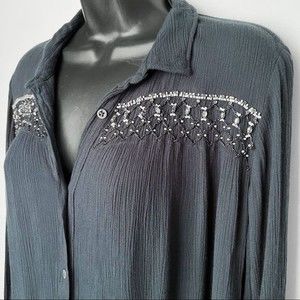 Anthropologie Floreat Tunic Navy Blue Beulah Long Sleeve Beaded Size M